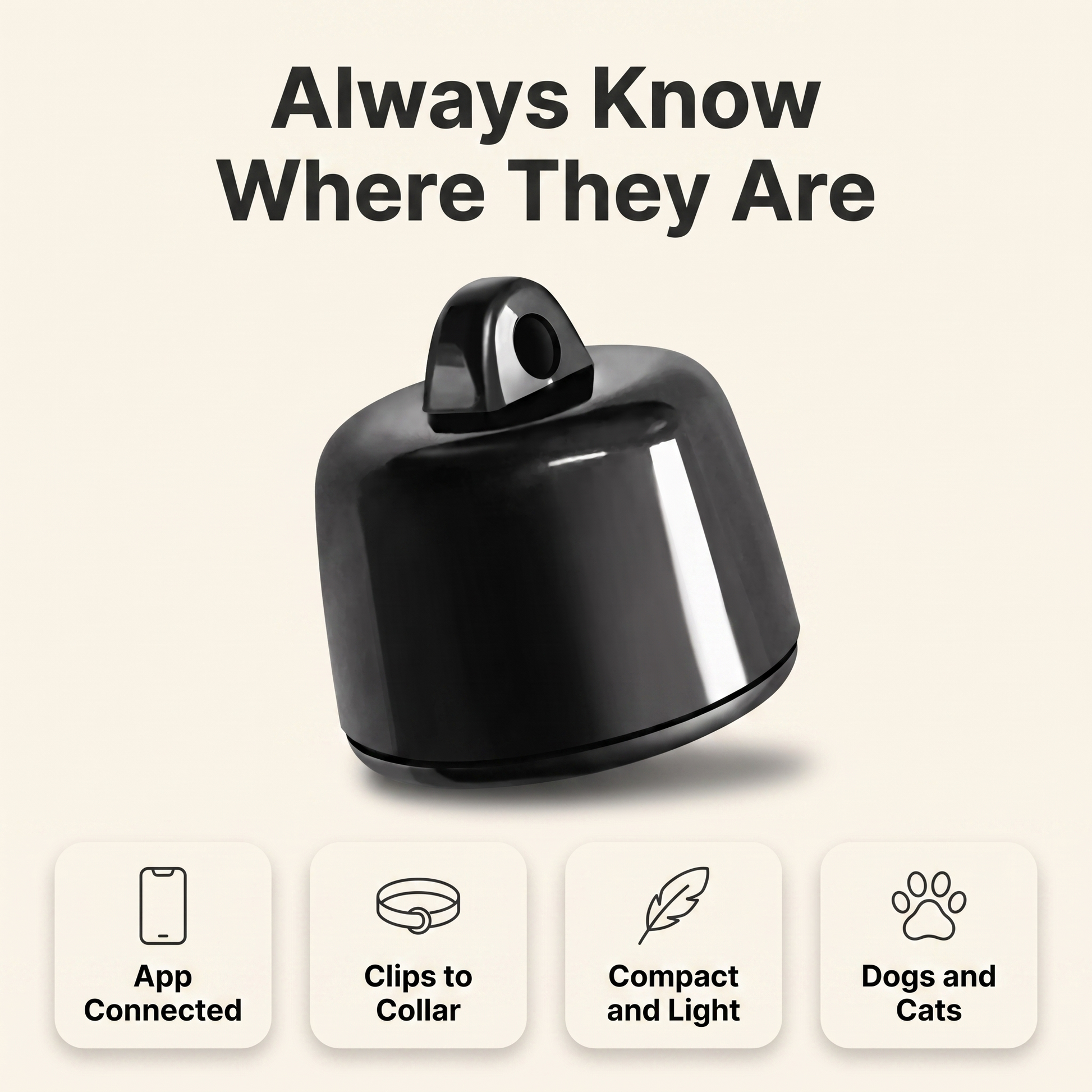 Pet tracker feature overview: app connected, clips to collar, compact and light, for dogs and cats