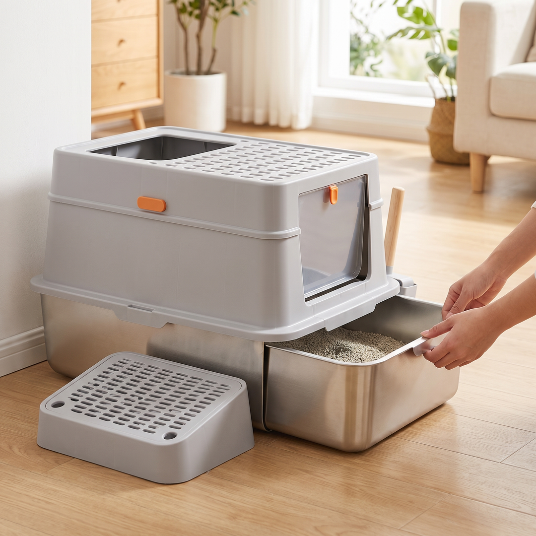 Sliding the stainless steel waste drawer out of the enclosed litter box for quick cleaning