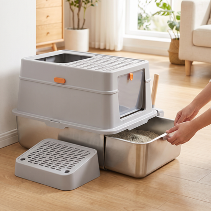 Sliding the stainless steel waste drawer out of the enclosed litter box for quick cleaning