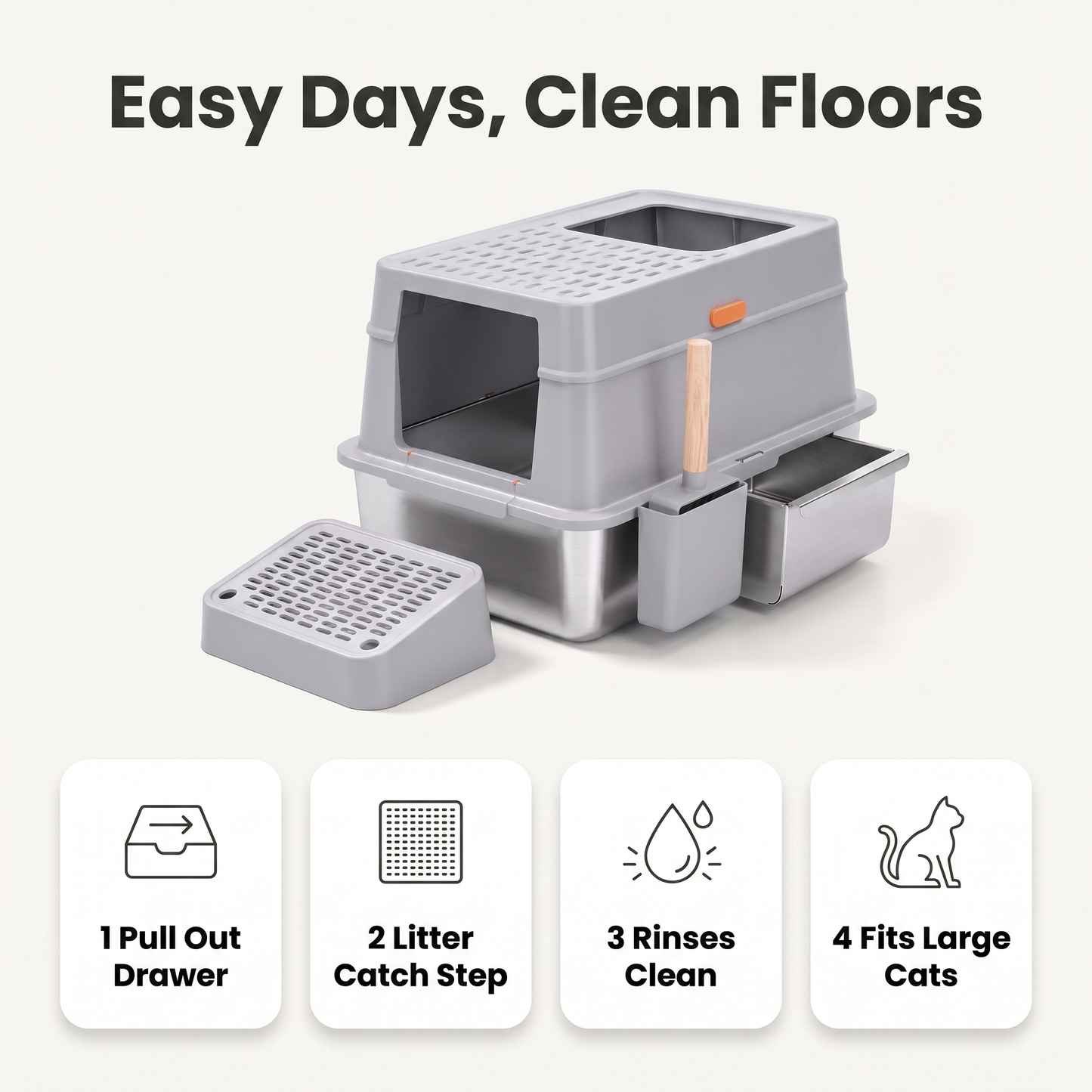 Enclosed litter box care features: pull out drawer, litter catch step, rinses clean, fits large cats
