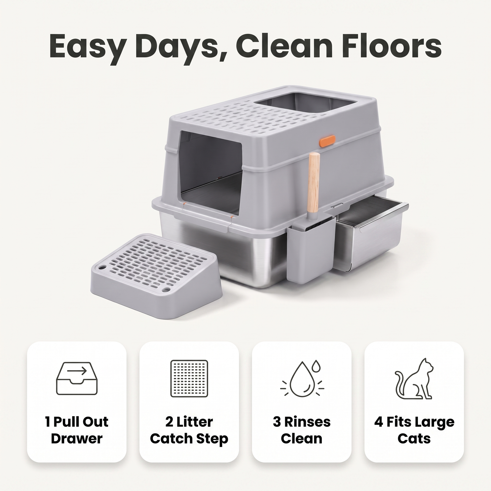 Enclosed litter box care features: pull out drawer, litter catch step, rinses clean, fits large cats