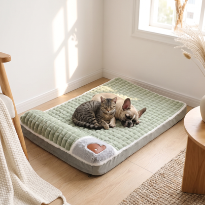 Cat and small dog sharing the memory foam pet bed in a bright bedroom