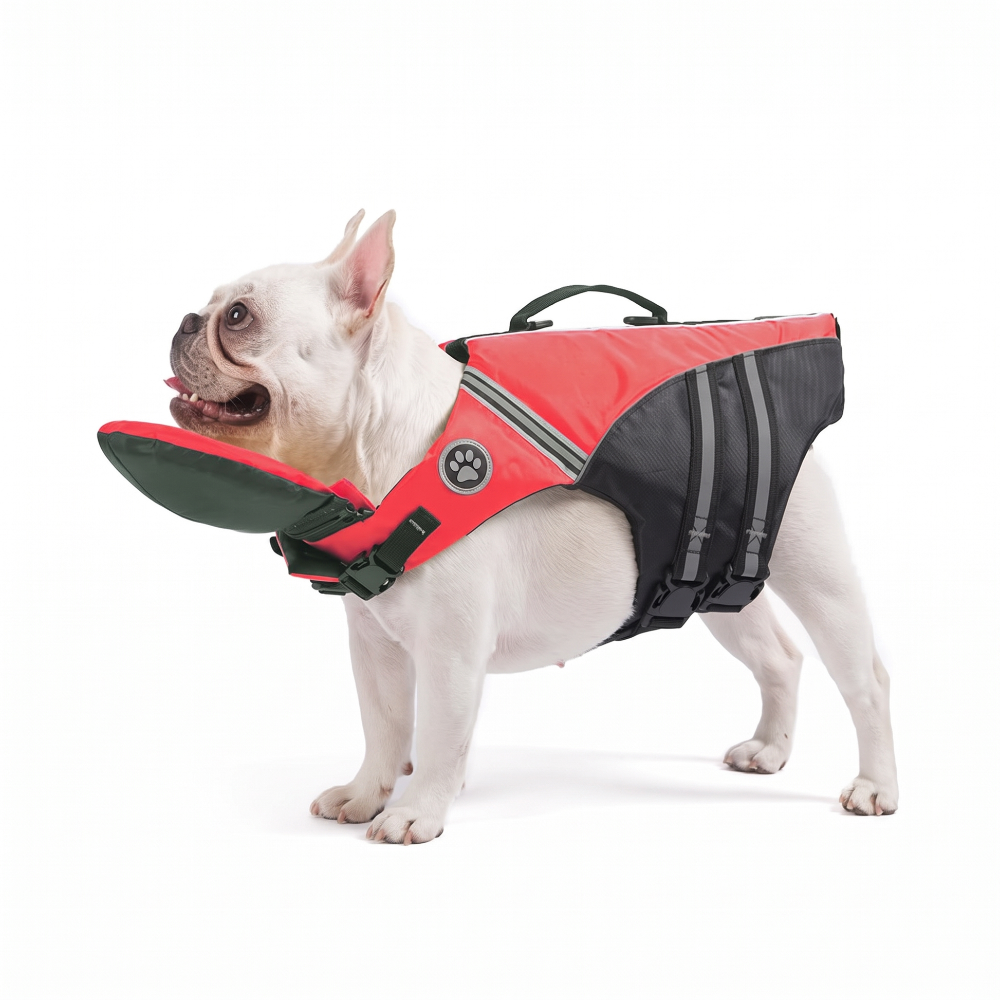 FloatPaw dog life jacket with rescue handle in red