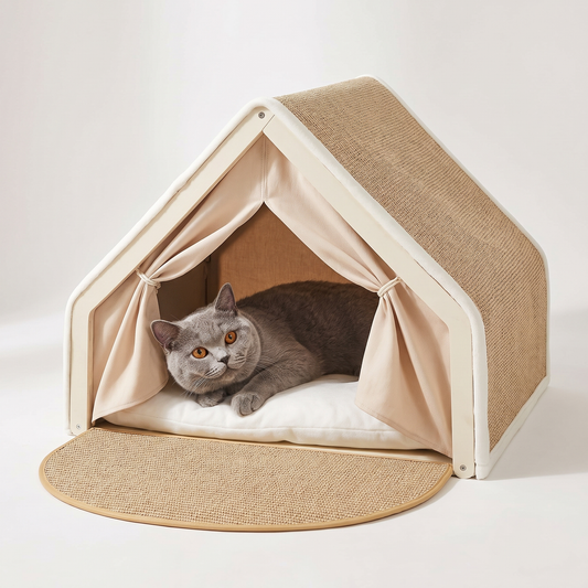 Grey cat resting inside a cat tent bed with scratchable woven base