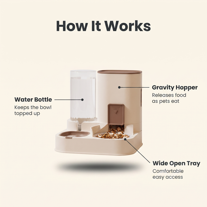 Annotated diagram of the water bottle, gravity hopper and wide open food tray