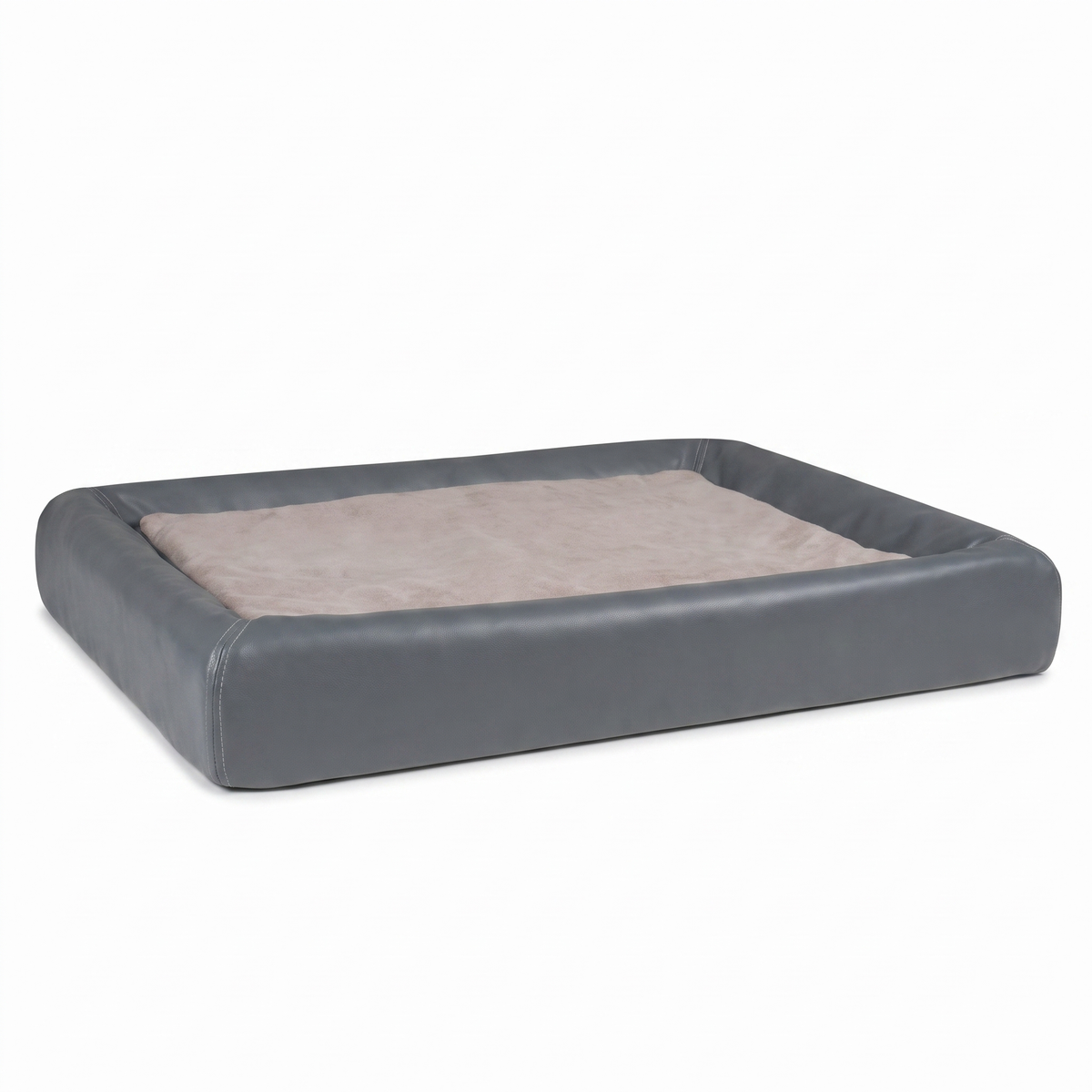 Orthopedic dog bed in grey vegan leather with plush sleep cushion on white background