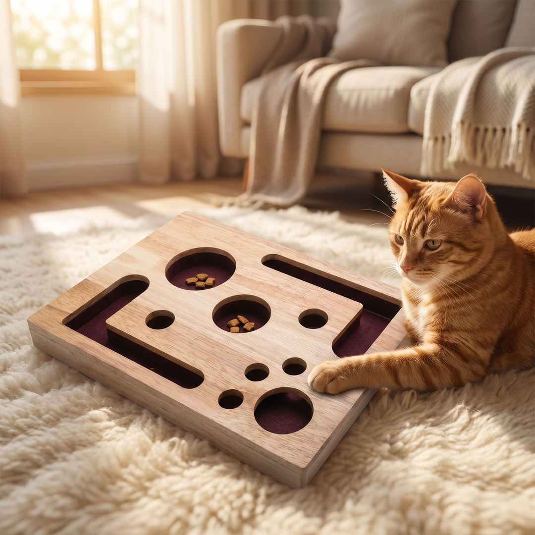 Ginger cat relaxing beside the wooden cat scratch puzzle box on a cream rug in a sunny living room