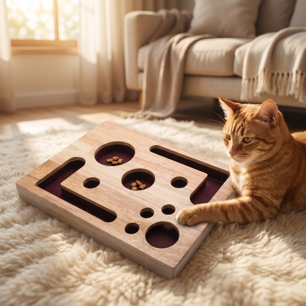 Ginger cat relaxing beside the wooden cat scratch puzzle box on a cream rug in a sunny living room
