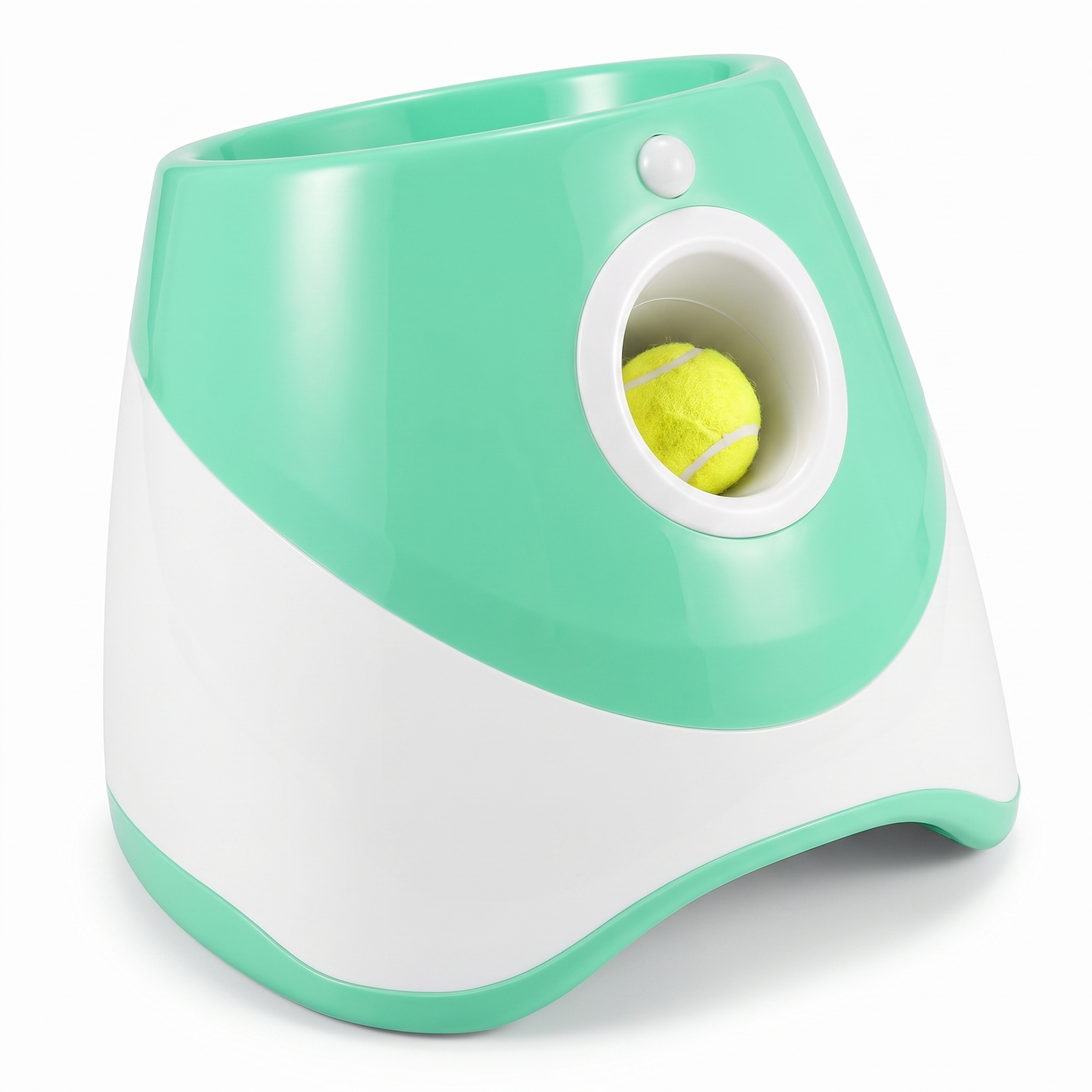 Automatic dog ball launcher in green with a mini tennis ball, studio packshot
