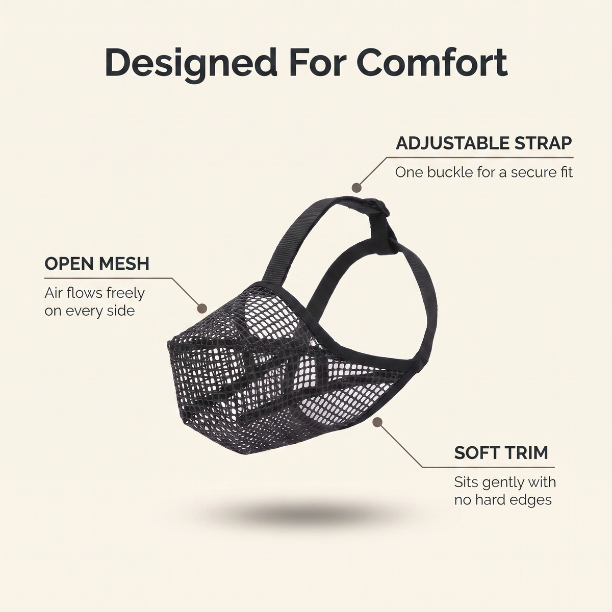 Annotated soft dog muzzle showing open mesh, soft trim and adjustable strap