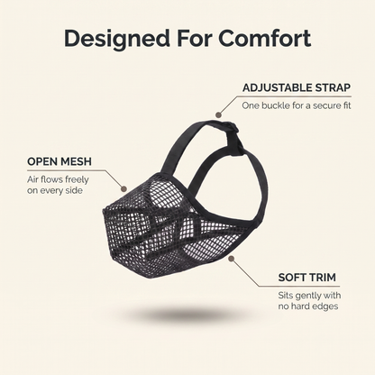 Annotated soft dog muzzle showing open mesh, soft trim and adjustable strap