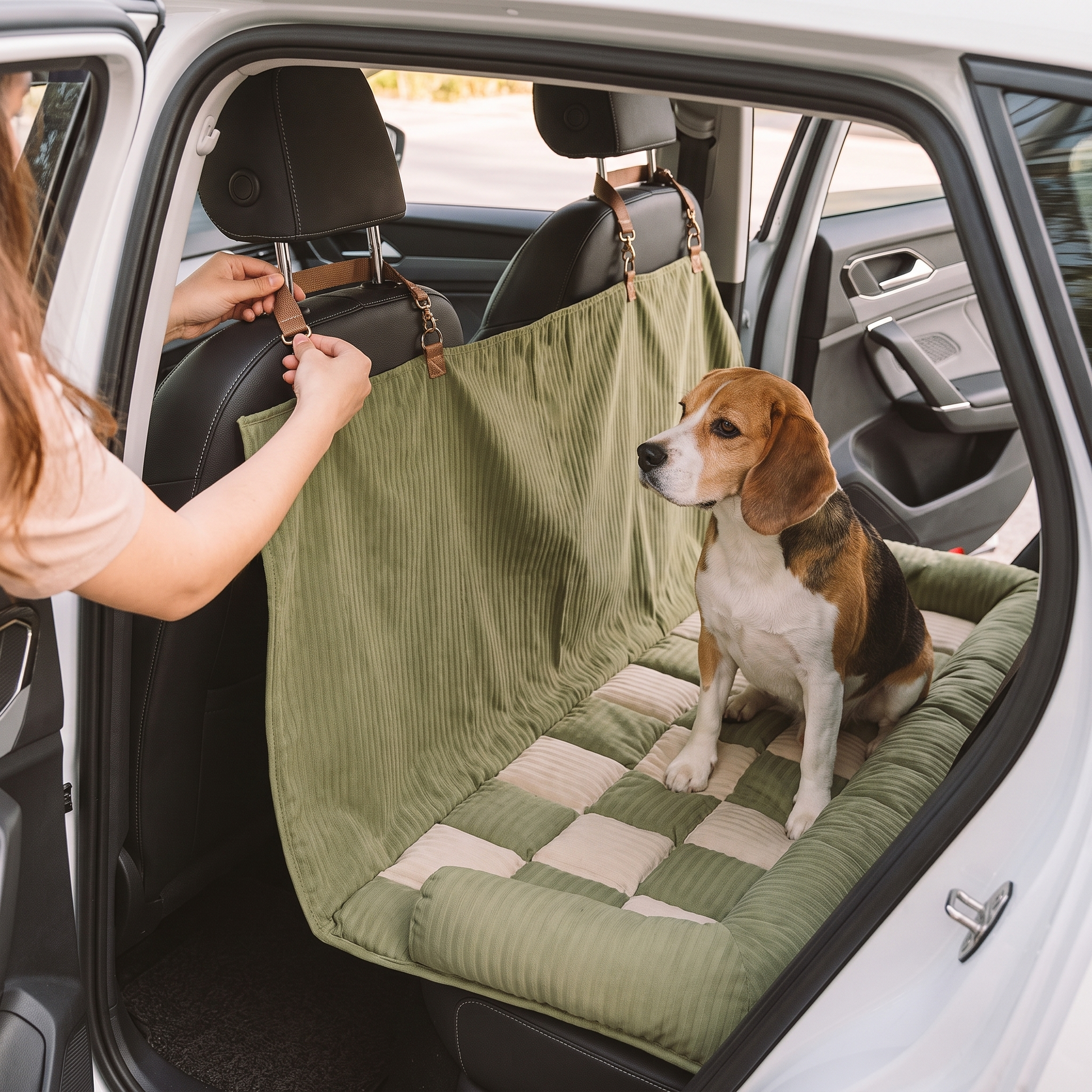 Owner clipping the headrest strap of the dog car seat bed while a dog sits on the mattress