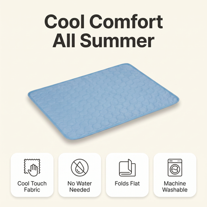 Pet cooling mat feature overview: cool touch fabric, no water needed, folds flat, machine washable
