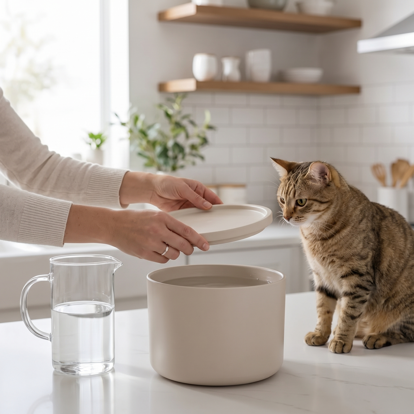 Refilling the PureFlow ceramic cat water fountain with fresh water at the kitchen counter