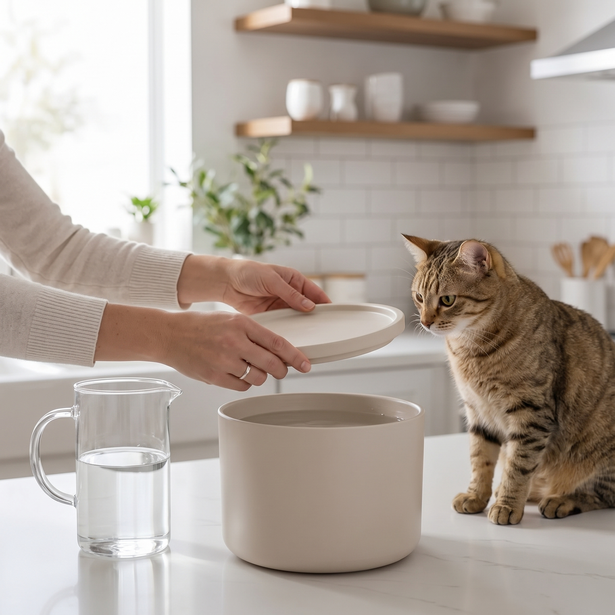 Refilling the PureFlow ceramic cat water fountain with fresh water at the kitchen counter