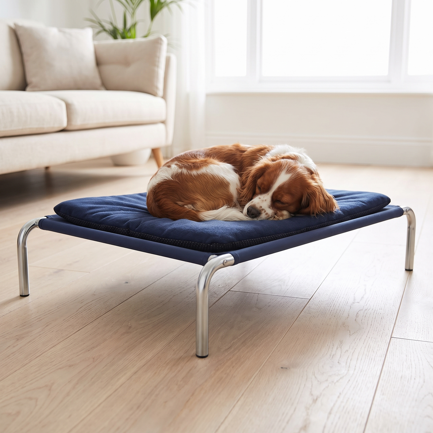 Spaniel asleep on a raised dog bed in a bright living room