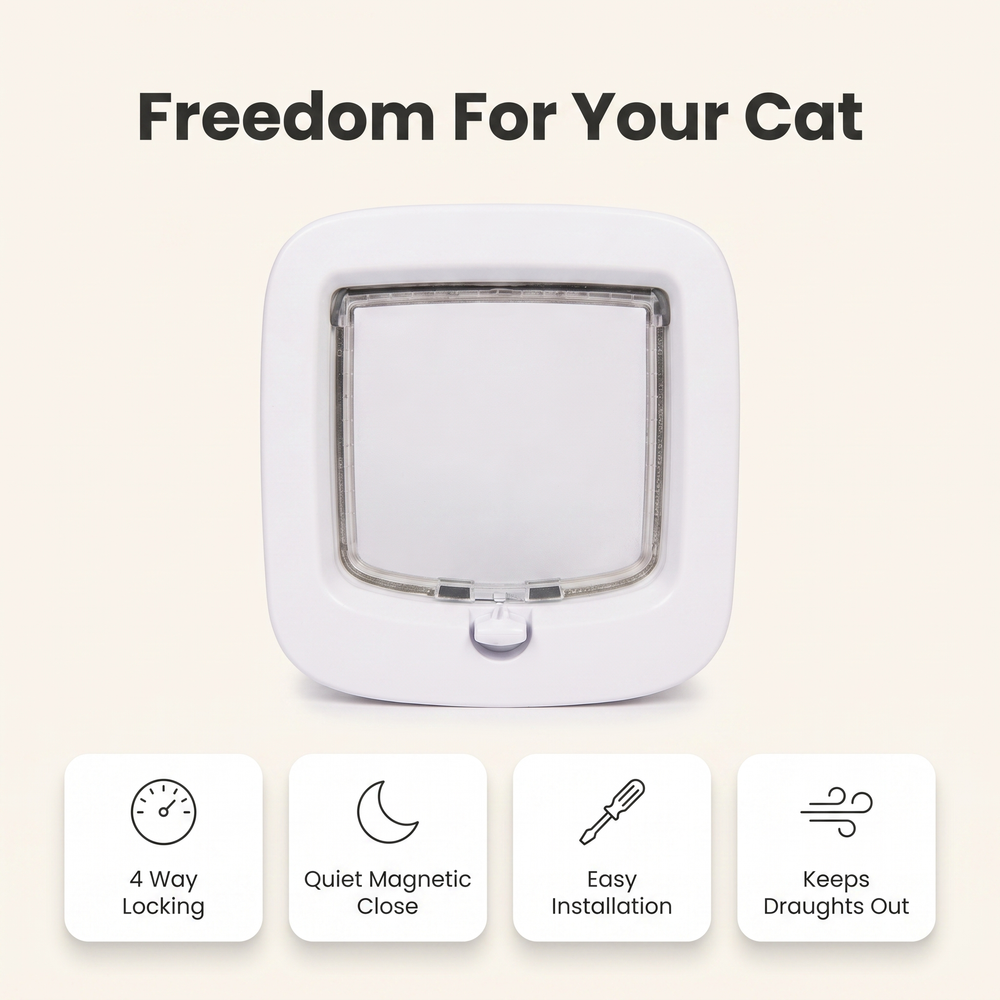 Cat flap feature overview: 4 way locking, quiet magnetic close, easy installation, keeps draughts out