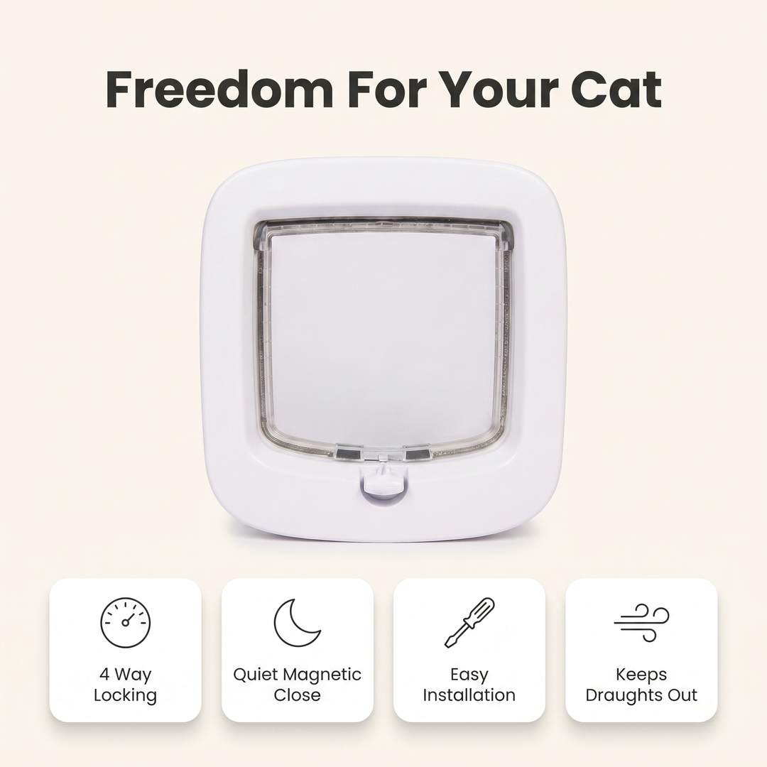 Cat flap feature overview: 4 way locking, quiet magnetic close, easy installation, keeps draughts out