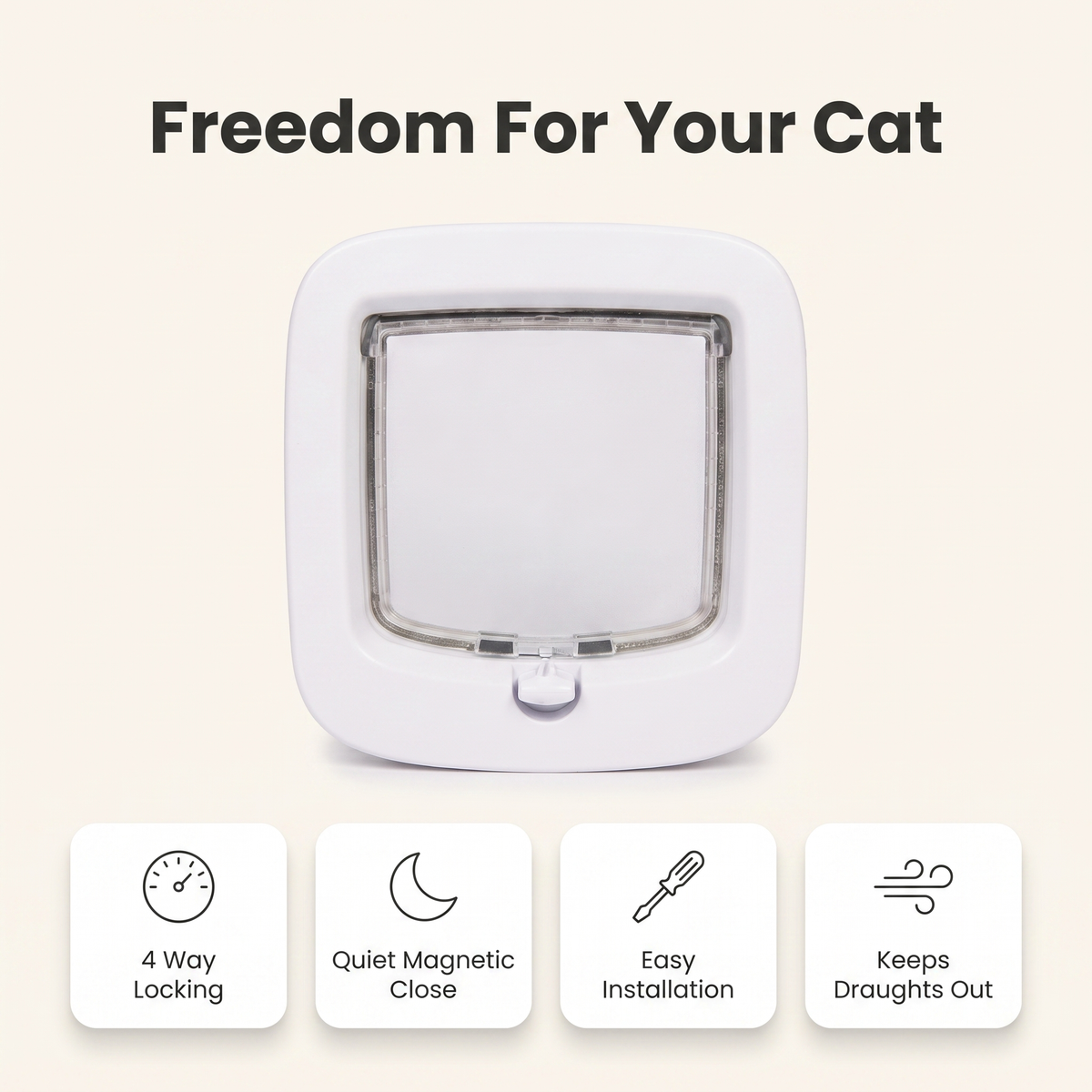 Cat flap feature overview: 4 way locking, quiet magnetic close, easy installation, keeps draughts out