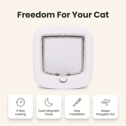 Cat flap feature overview: 4 way locking, quiet magnetic close, easy installation, keeps draughts out
