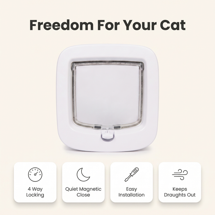 Cat flap feature overview: 4 way locking, quiet magnetic close, easy installation, keeps draughts out