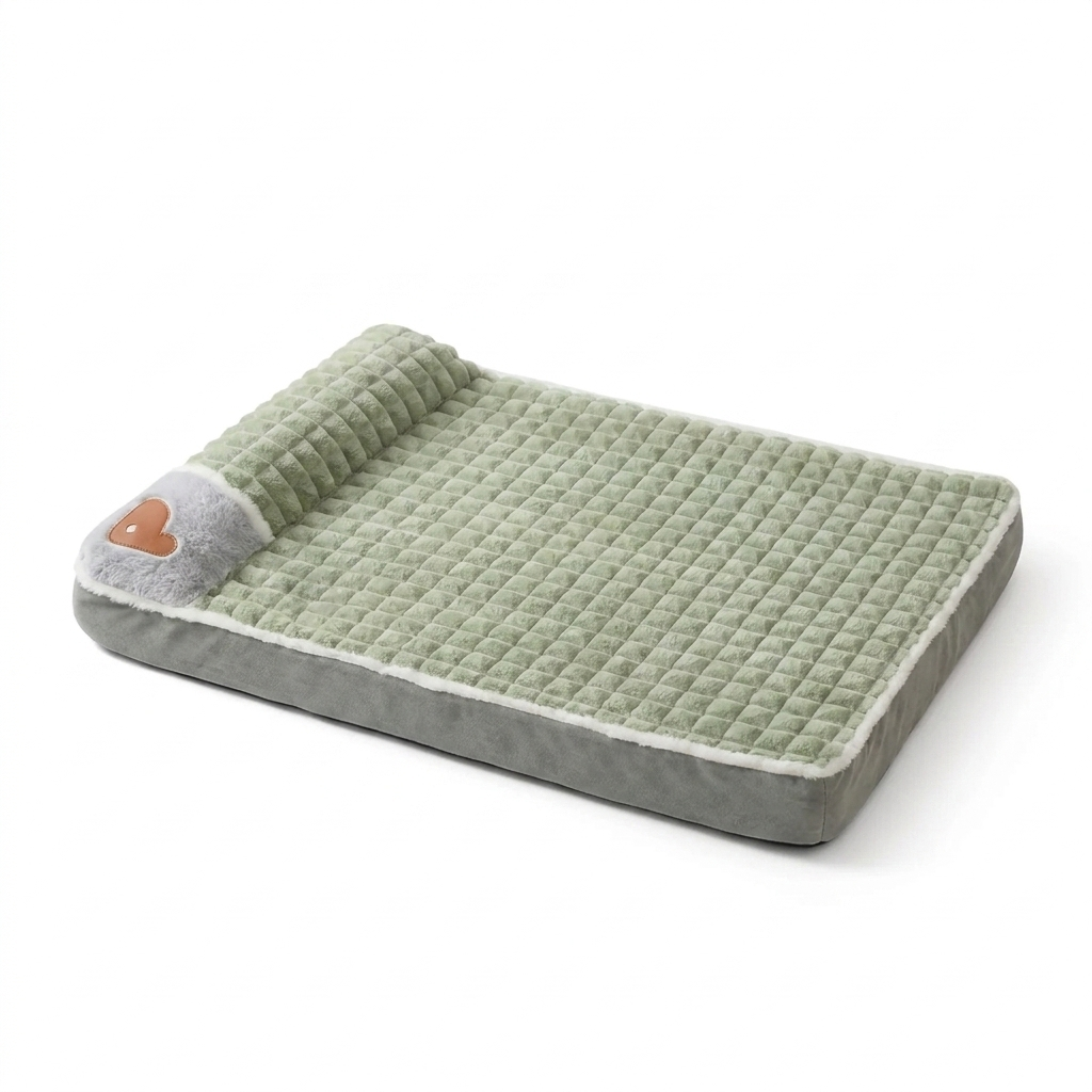 Sage green memory foam dog bed with removable washable cover on white background