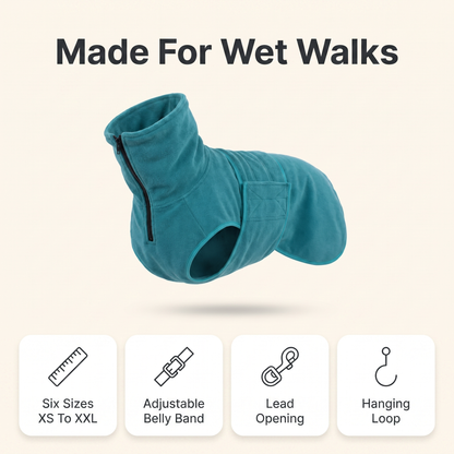 Teal dog drying coat infographic: six sizes XS to XXL, adjustable belly band, lead opening, hanging loop