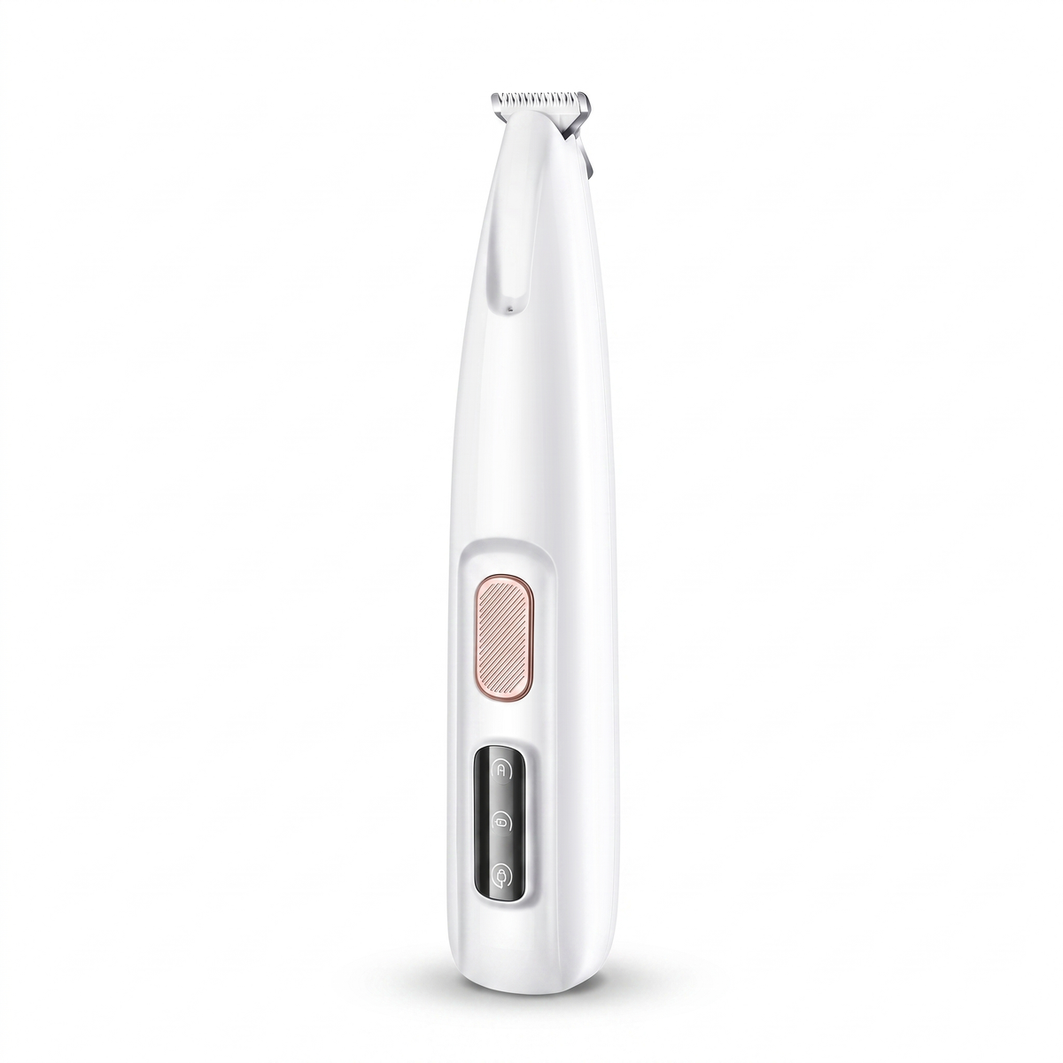 White rechargeable pet paw trimmer with ceramic blade, rose gold button and battery display on a white background