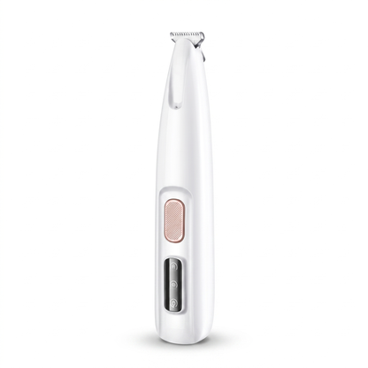 White rechargeable pet paw trimmer with ceramic blade, rose gold button and battery display on a white background