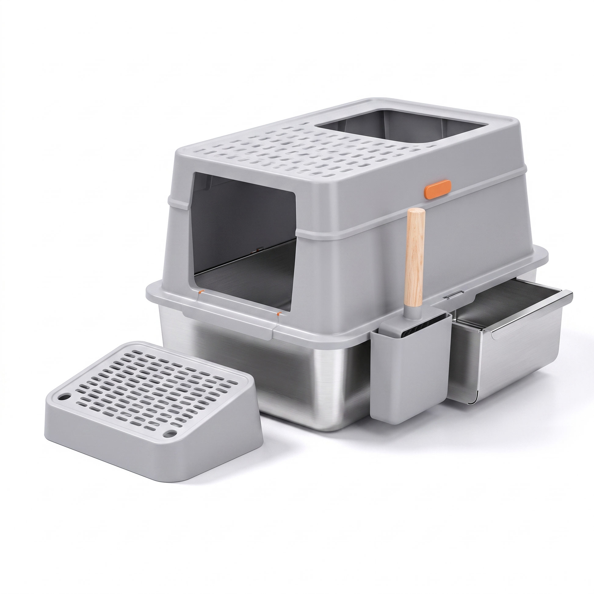 XL fully enclosed stainless steel cat litter box with scoop, side drawer and paw cleaning step