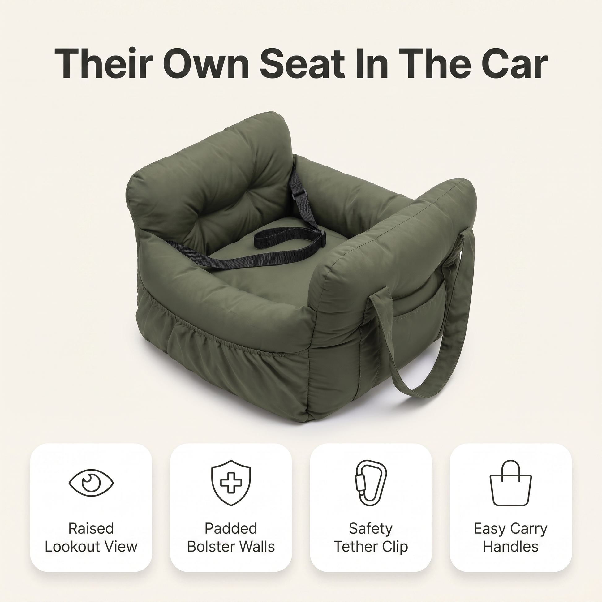 Dog car seat feature overview: raised lookout view, padded bolster walls, safety tether clip, easy carry handles