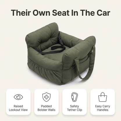 Dog car seat feature overview: raised lookout view, padded bolster walls, safety tether clip, easy carry handles