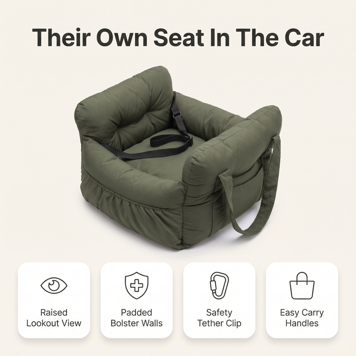 Dog car seat feature overview: raised lookout view, padded bolster walls, safety tether clip, easy carry handles