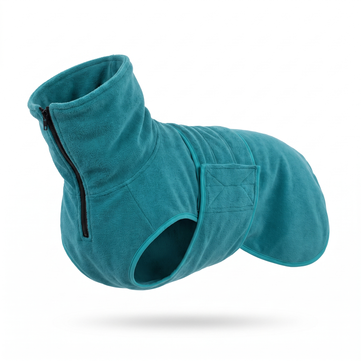 Teal dog drying coat towel robe shown on its own on a white background