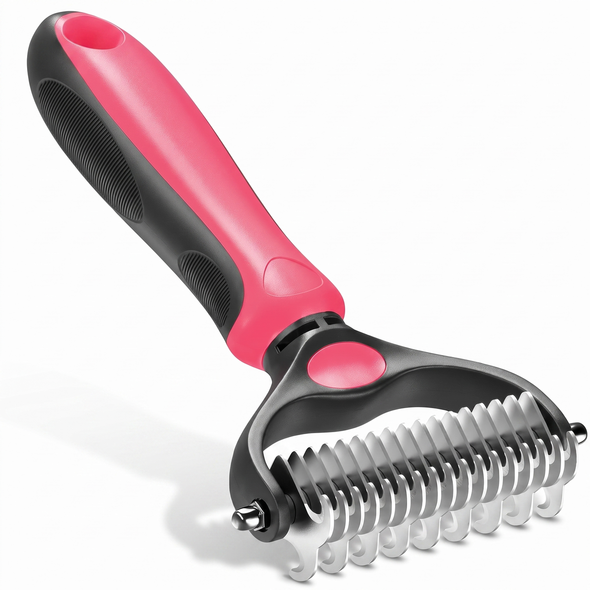 Pink and black 2 in 1 stainless steel deshedding brush on a white background