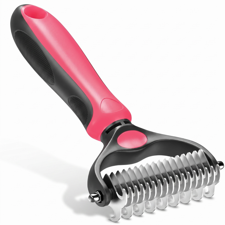 Pink and black 2 in 1 stainless steel deshedding brush on a white background
