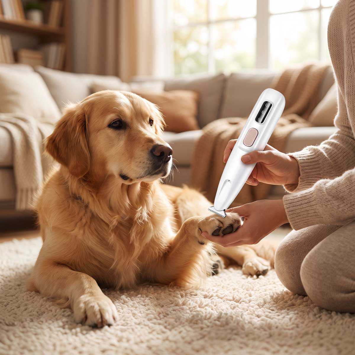 Golden retriever calmly having paw fur trimmed at home with the cordless quiet dog clippers