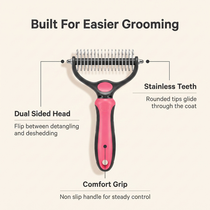 Annotated diagram of the deshedding brush showing dual sided head, stainless teeth and comfort grip