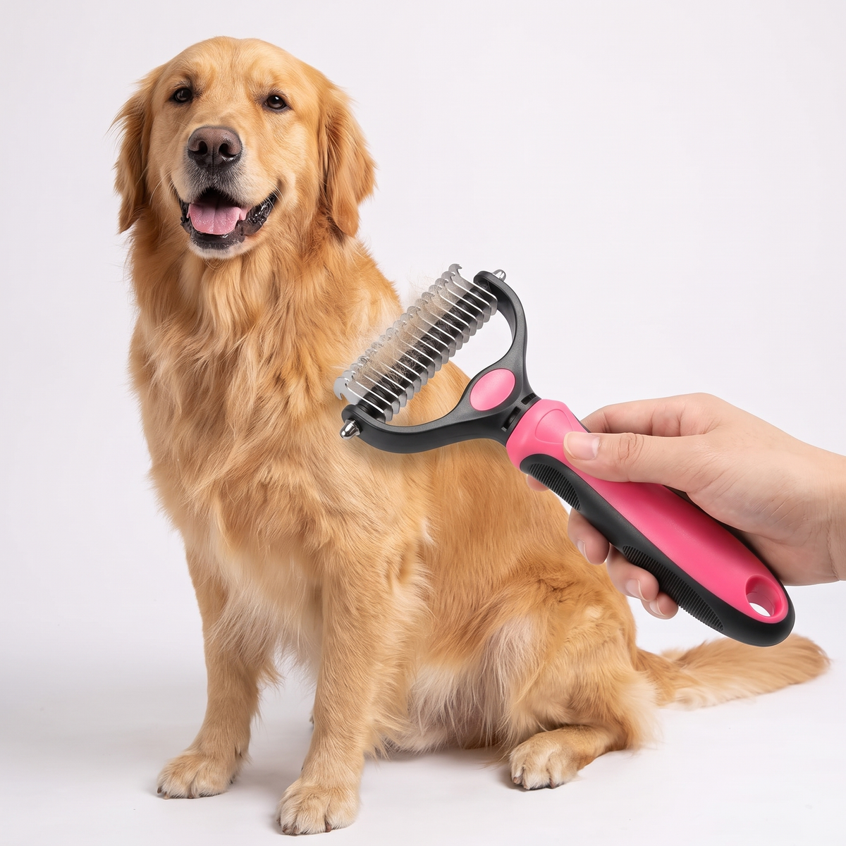 Golden retriever being groomed with the 2 in 1 deshedding brush for dogs and cats
