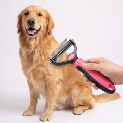 Golden retriever being groomed with the 2 in 1 deshedding brush for dogs and cats