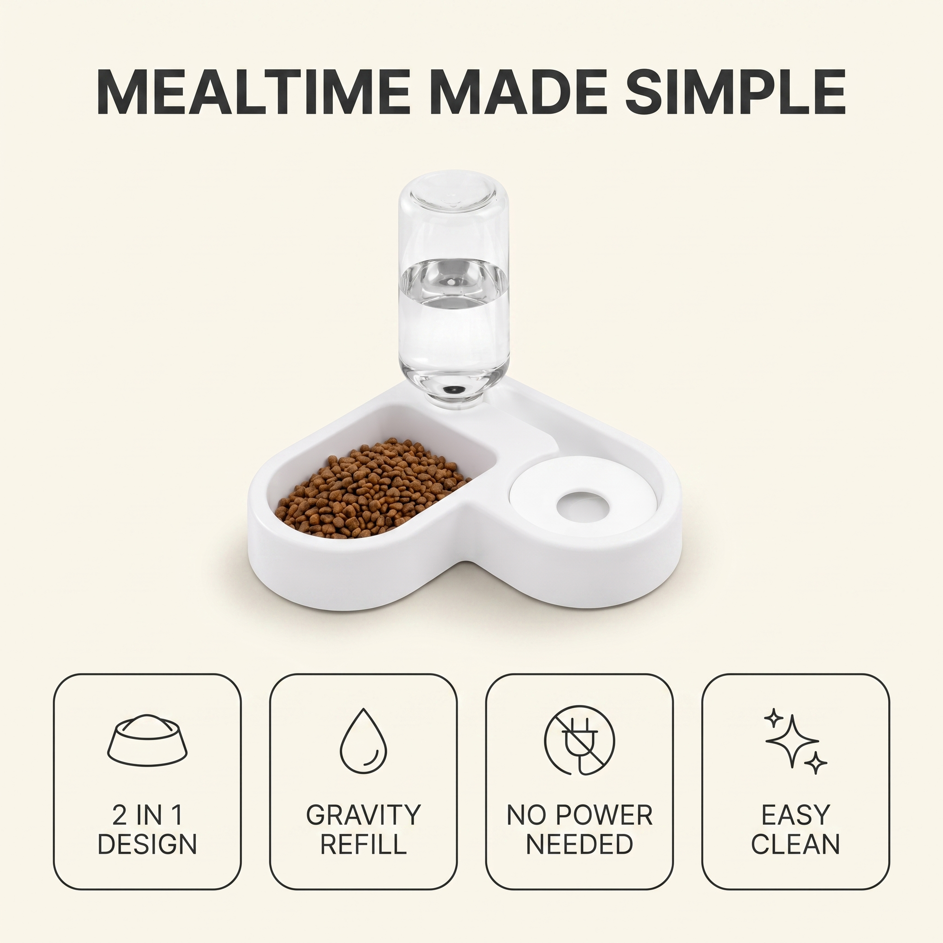 Automatic cat feeder features: 2 in 1 design, gravity refill, no power needed, easy clean