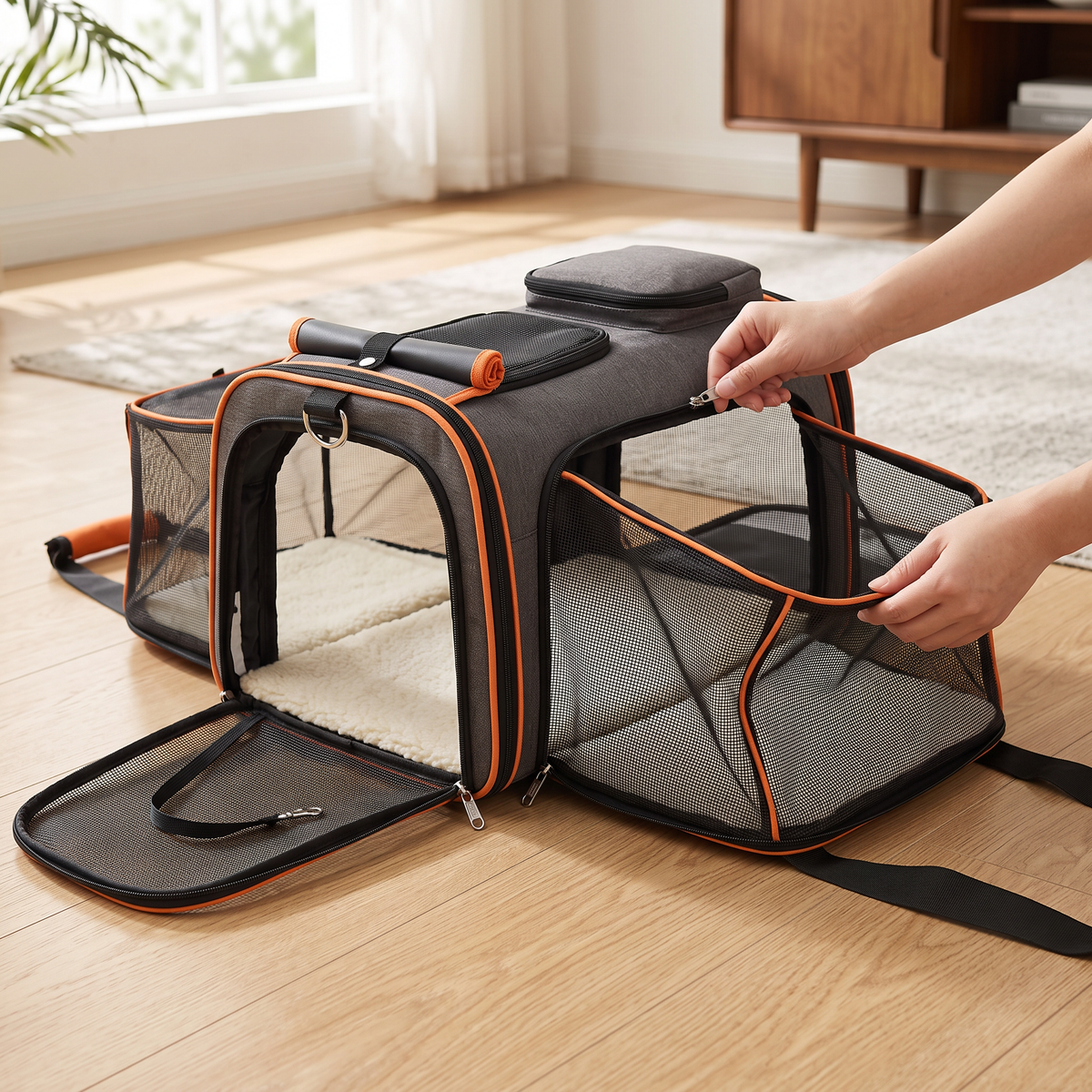 Owner unzipping and folding out the mesh side extension panel of the expandable cat carrier