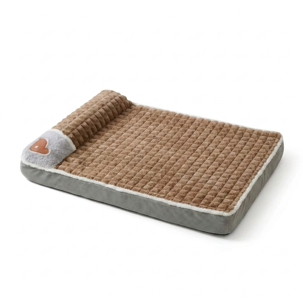 Coffee brown memory foam dog bed with removable washable cover on white background