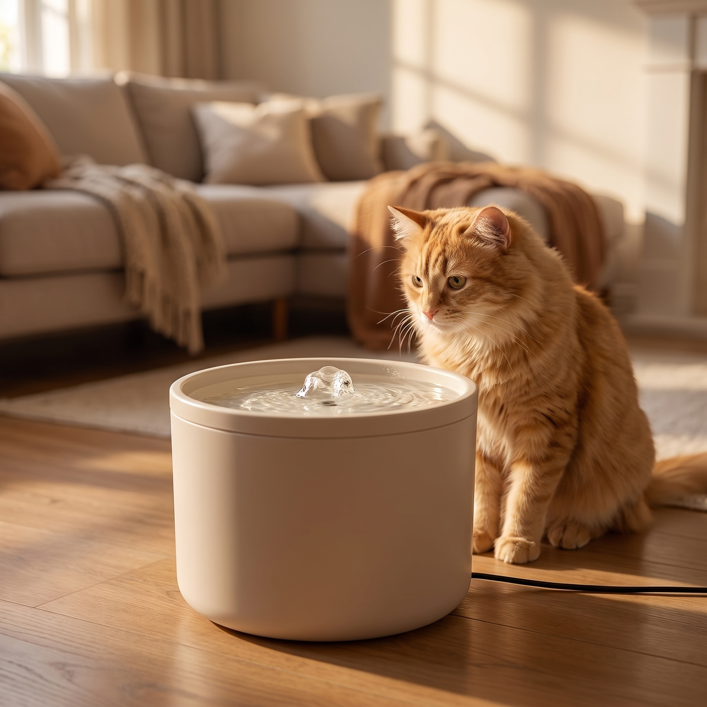 PureFlow ceramic cat water fountain on the living room floor with a ginger cat beside it