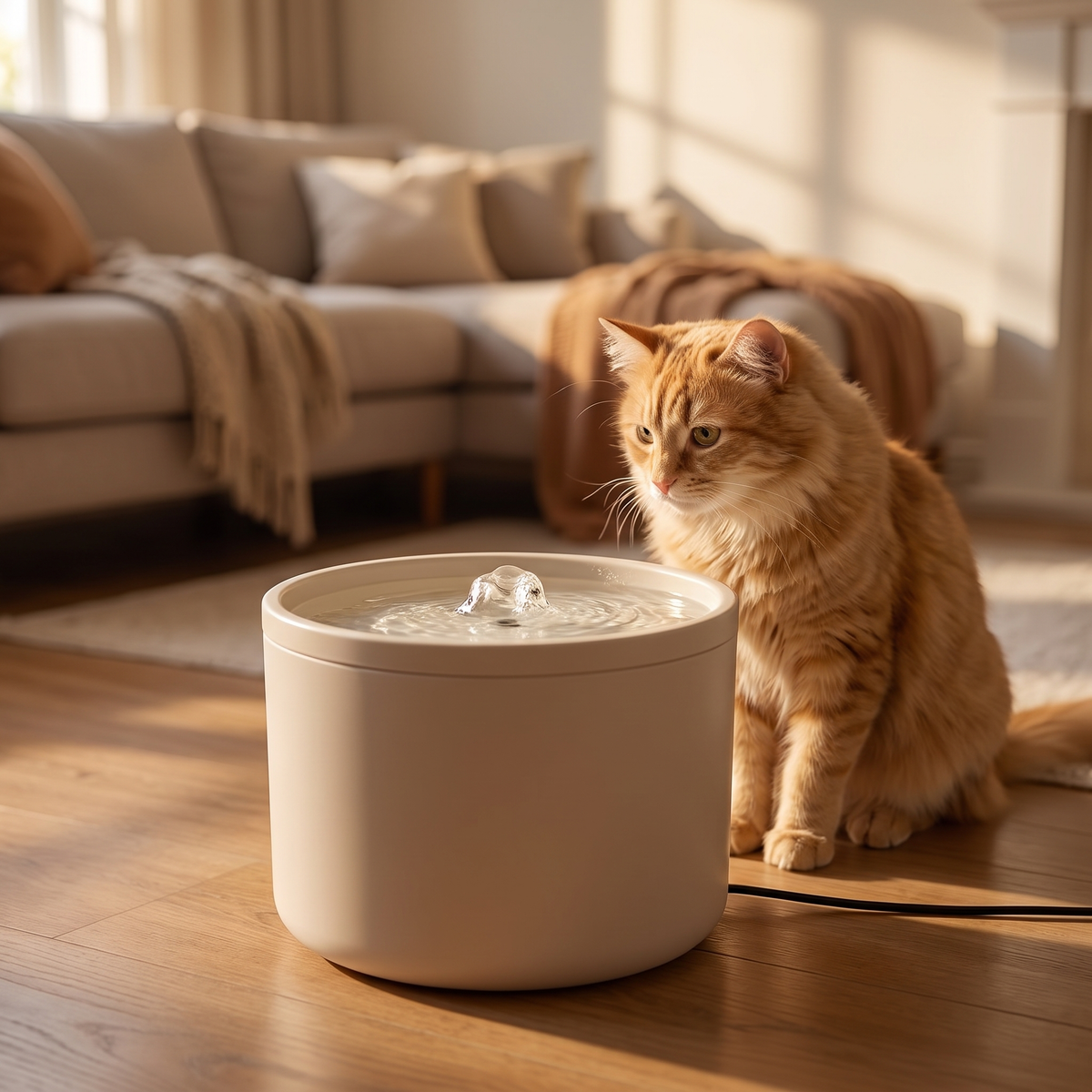 PureFlow ceramic cat water fountain on the living room floor with a ginger cat beside it