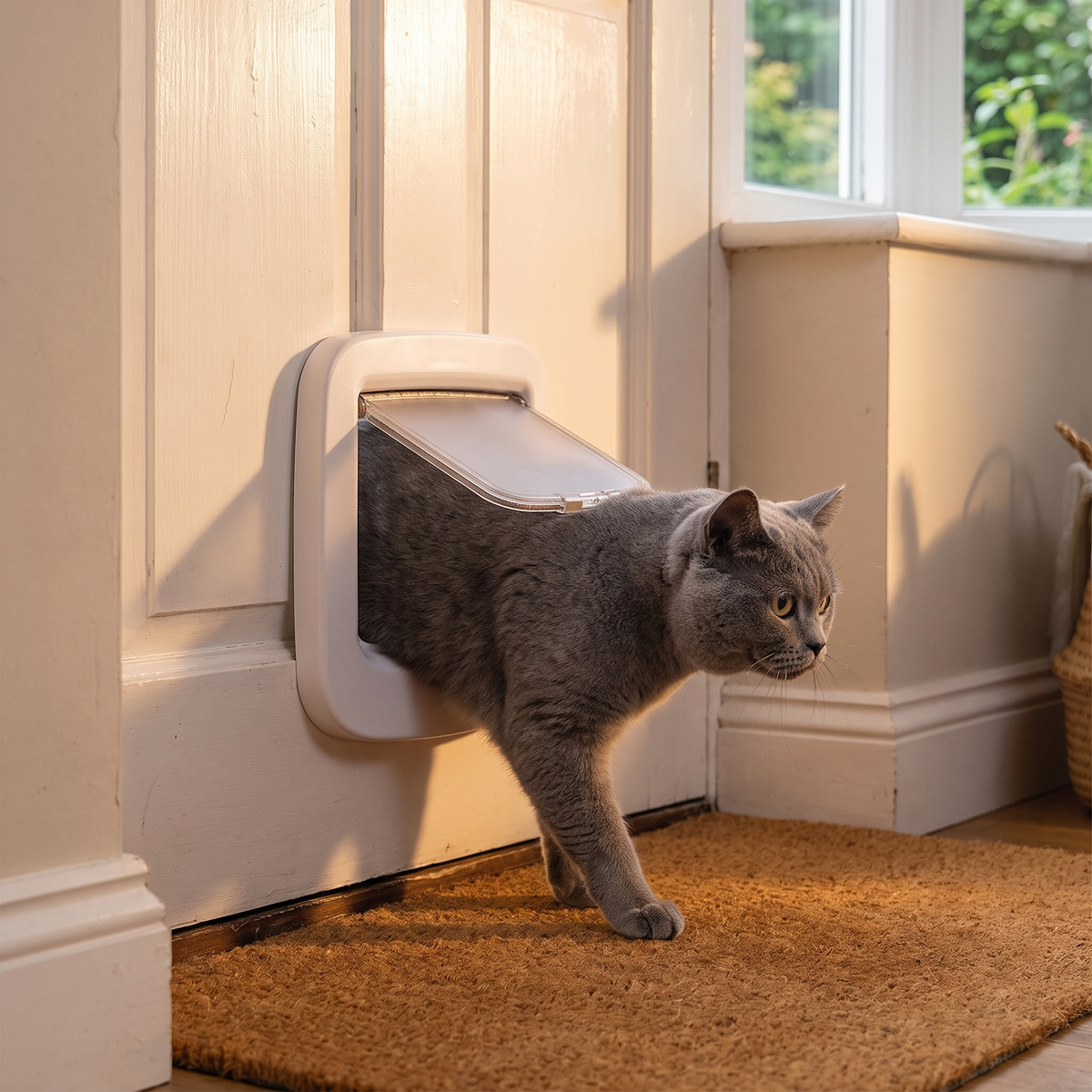 Grey cat coming indoors through the cat flap fitted in a white back door