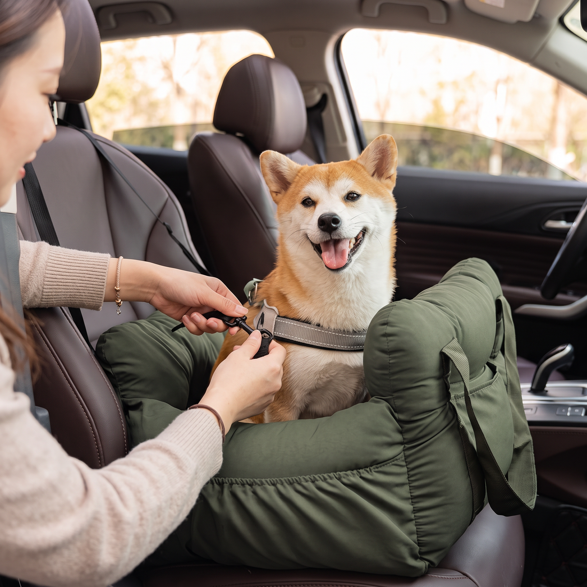 Owner clipping the built-in safety tether to a dog harness inside the booster car seat