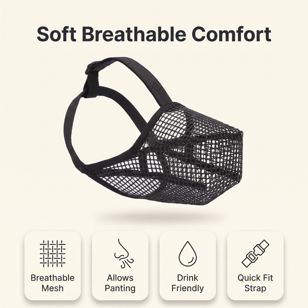 Soft dog muzzle feature overview: breathable mesh, allows panting, drink friendly, quick fit strap