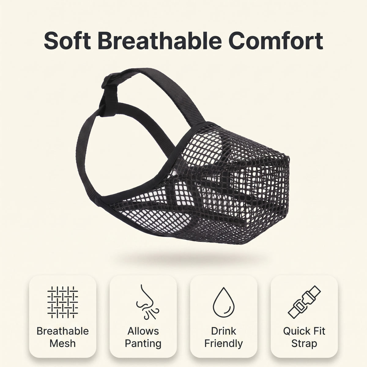 Soft dog muzzle feature overview: breathable mesh, allows panting, drink friendly, quick fit strap