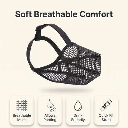 Soft dog muzzle feature overview: breathable mesh, allows panting, drink friendly, quick fit strap